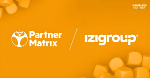 The official partnership announcement graphic showing the logos of PartnerMatrix and IZI Group on a vibrant orange background, with the Gamblers Connect logo.