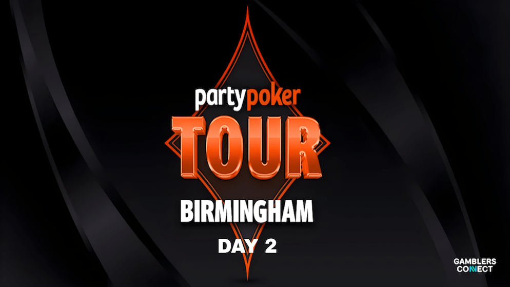 PartyPoker Tour Birmingham logo with DAY 2 text, an orange and white graphic against a black background, representing the ongoing live poker tournament.