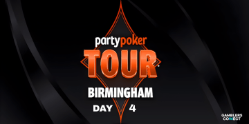 The official logo for the "PartyPoker TOUR Birmingham Day 4" event, prominently displayed in orange and white against a dark, dynamic background.