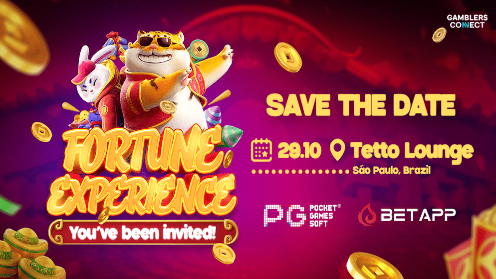 The 'Fortune Experience' event invitation showing PG Soft mascots, golden coins, and text indicating the date (29.10) and location (Tetto Lounge, São Paulo, Brazil) with PG Soft and Betapp logos.