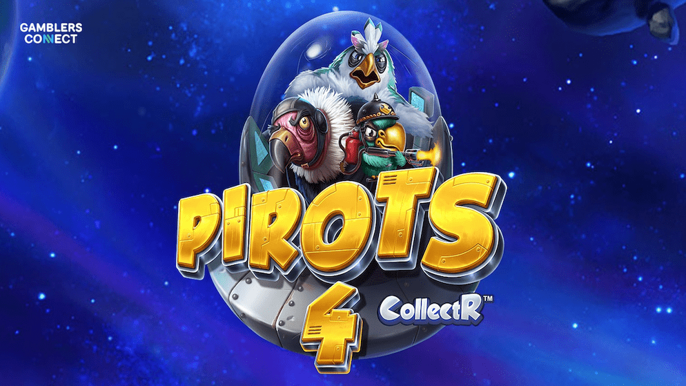 Official Pirots 4 slot logo featuring golden text, the CollectR™ engine emblem, and three "birdonaut" characters inside a space capsule, set against a starry blue background.