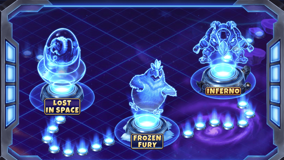 A holographic map from Pirots 4 showing three distinct game modes or worlds: "Lost In Space," "Frozen Fury," and "Inferno," each featuring a holographic bird character, set against a cosmic backdrop.