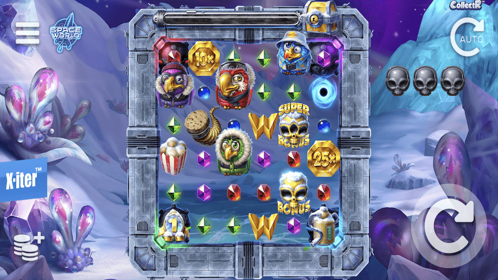 A busy Pirots 4 game grid showing various bird characters, gems, and special symbols like a Black Hole, Super Bonus, and Wilds, with the X-iter™ button visible.