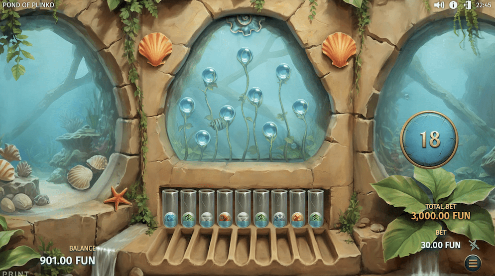 A close-up of the Plinko board in the Pond of Plinko bonus round, with multiple balls dropping through the pegs toward the multiplier pockets below.