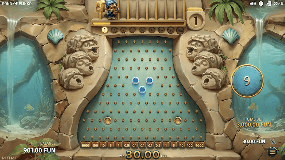 A screenshot focusing on the bottom of the Pond of Plinko board, highlighting the multiplier prize pockets (up to 1,000x) that balls land in during the bonus feature.