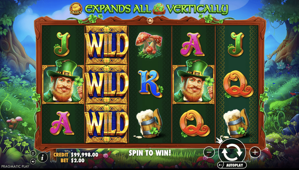 The vibrant logo for the Clover Gold slot game, set against a magical forest background with a rainbow, representing its popular Irish luck theme.