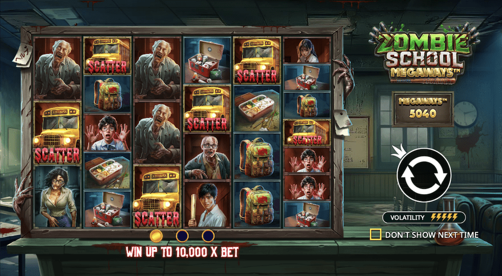The reels of Zombie School Megaways filled with Scatter symbols, illustrating how to trigger the Free Spins bonus feature for a chance at the 10,000x max win.
