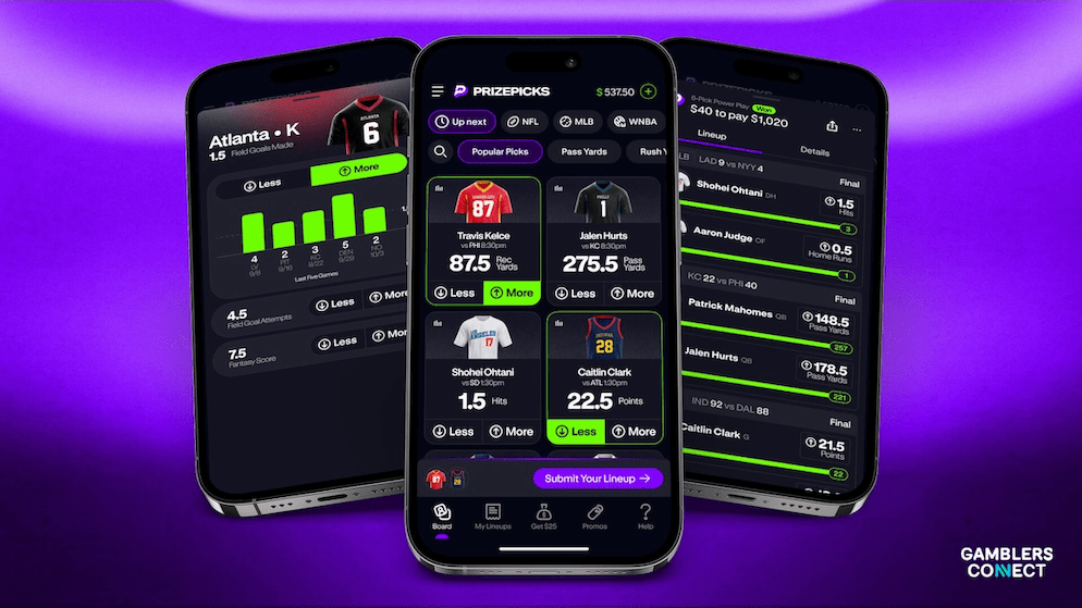 Smartphones displaying the PrizePicks fantasy sports app, showcasing its user interface for selecting player stats in NFL, MLB, and WNBA contests.