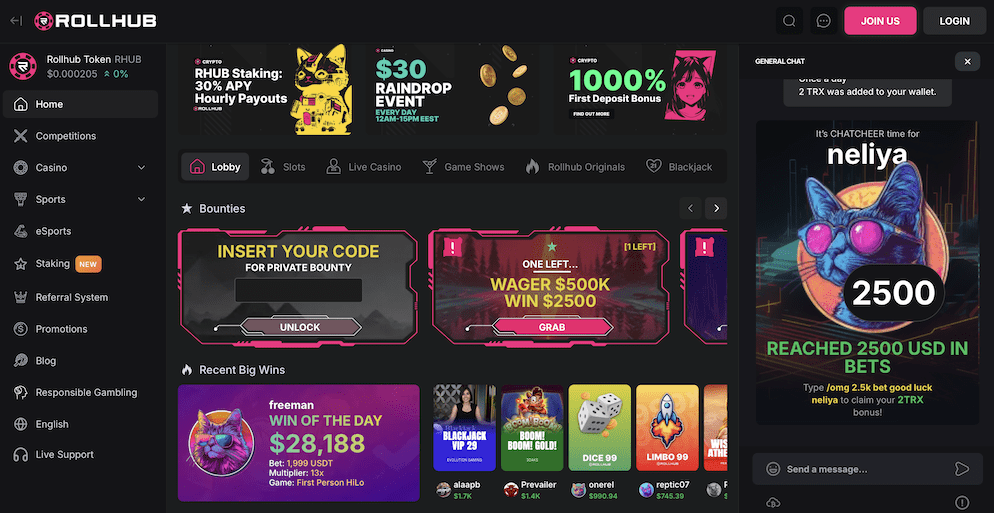 A screenshot of the RollHub Casino homepage, highlighting active bounties, recent big wins from players, and various promotional banners.