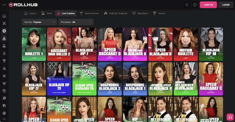 A grid display of various live casino games available at RollHub, featuring live dealers for Blackjack, Roulette, Baccarat, and Game Shows from providers like Evolution and Ezugi.
