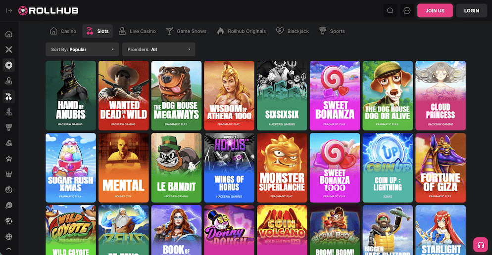 A grid display of various slot games available in the RollHub Casino lobby, featuring popular titles from providers like Hacksaw Gaming and Pragmatic Play.