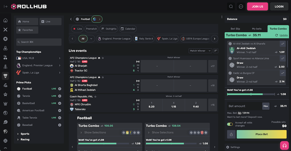 A screenshot of the RollHub Sportsbook interface, showing live football matches, various betting markets, and features like Turbo Combo and bet slip options.