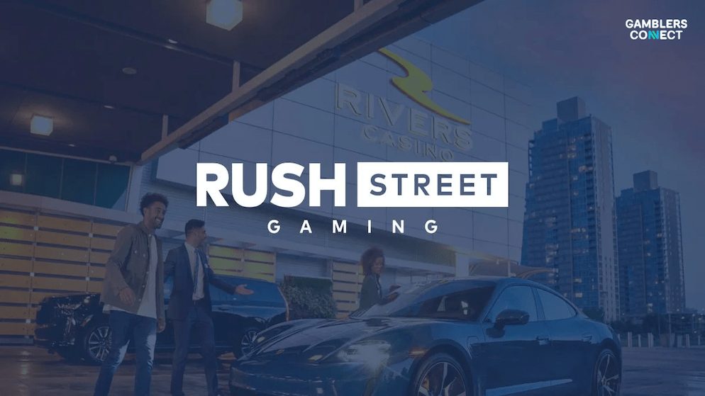 The RSI logo in front of a modern casino entrance, representing the parent company of Rush Street Interactive (RSI) where Kyle Sauers has been appointed President.