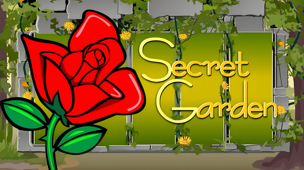 Game title screen for Secret Garden slot machine featuring a large red rose in the foreground against a hidden, vine-covered window backdrop.