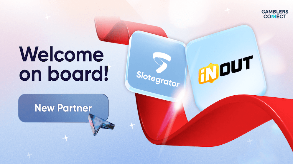 The logos of Slotegrator and InOut Games are prominently displayed, connected by a red ribbon, representing their strategic partnership to deliver diverse iGaming content.