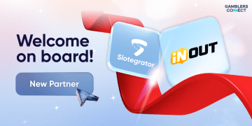 A digital graphic with "Welcome on board!" text, a "New Partner" button, and the logos of Slotegrator and InOut Games, symbolizing their new strategic collaboration.