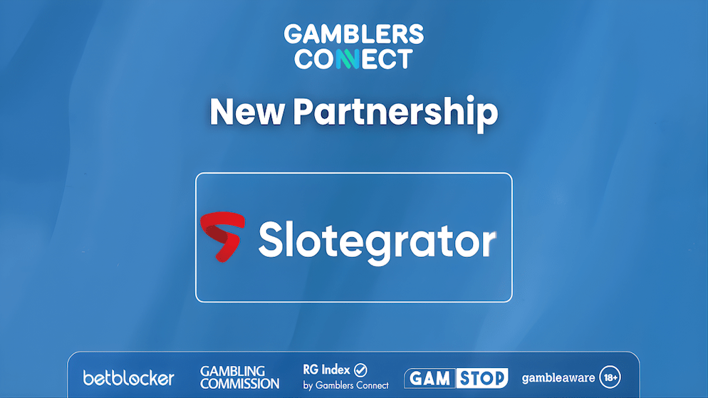 Image showing the Gamblers Connect and Slotegrator logos on a blue background, confirming their new strategic partnership and shared commitment to compliance.