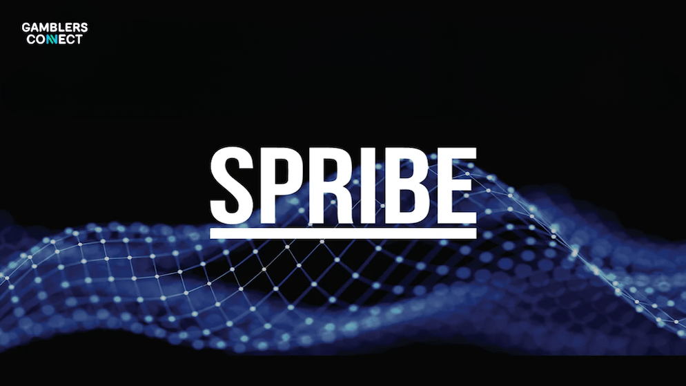 The Spribe logo in white with an underline, set against a dark background with a blue, abstract data network pattern, representing the company facing regulatory action.