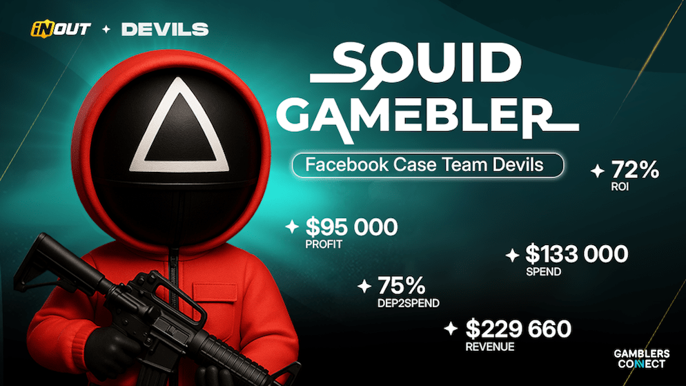 Promotional graphic for the Squid Gamebler case study, showing a character from the game alongside key performance metrics including 72% ROI and $95,000 profit.