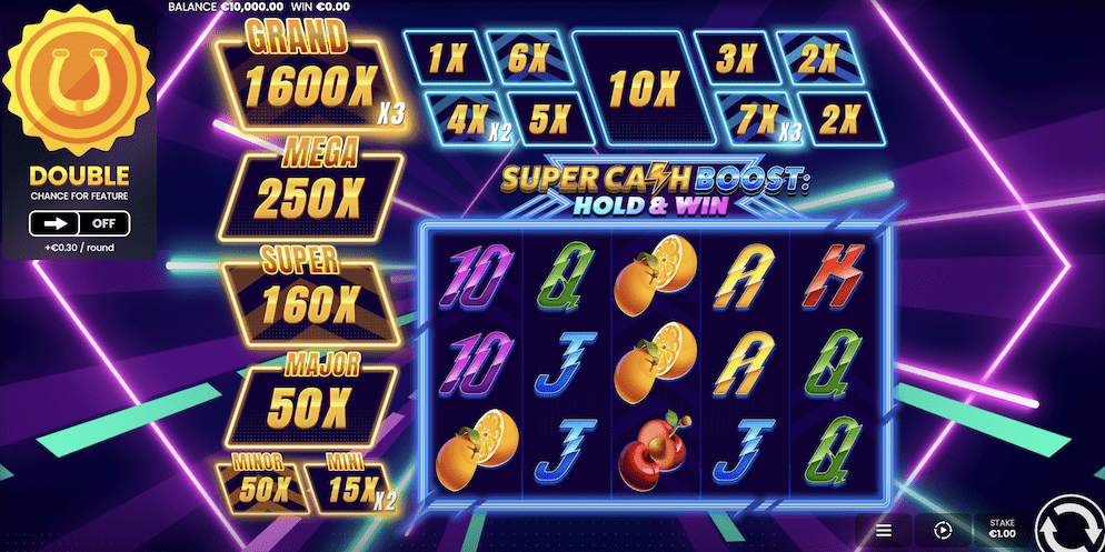 A screenshot of the Super Cash Boost Hold and Win slot gameplay, showing the 5x3 reels with vibrant neon fruit and royal symbols, including a prominent Wild symbol.