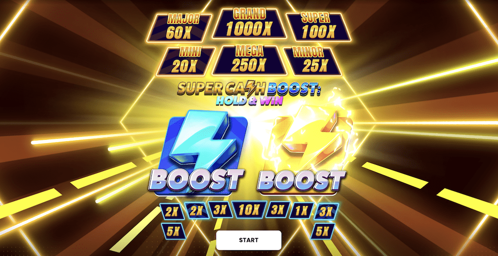 The official splash screen for the Super Cash Boost Hold and Win slot by Octoplay, showing the "Boost" feature symbols and the game's various fixed jackpots, including the Grand jackpot.