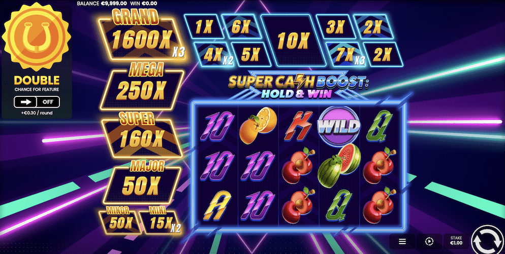 The vibrant theme and design of the Super Cash Boost Hold and Win slot, showcasing the neon-lit 5x3 grid and the fixed jackpot display on the side.
