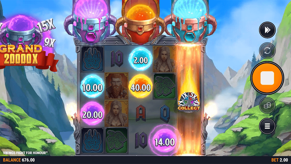 The base game of Vikings Fight For Honour showing the 'Collect' symbol on reel 5, activating the cash collector feature for the Blazing Shards in the demo.