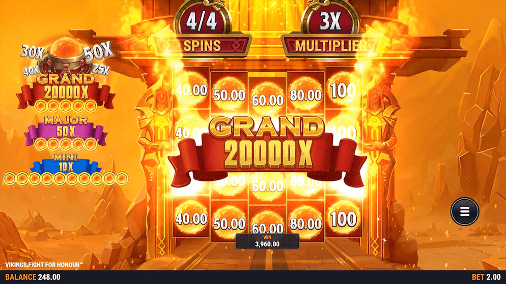 An 'Epic Win' of 43,960 in the Vikings Fight For Honour slot game, with gold coins raining down over the reels from a 2.00 bet.