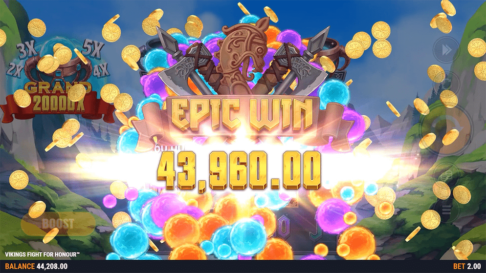 The Grand Jackpot bonus round in the Vikings Fight For Honour slot, showing the 20,000x max win on the screen after filling the grid with Blazing Shards.