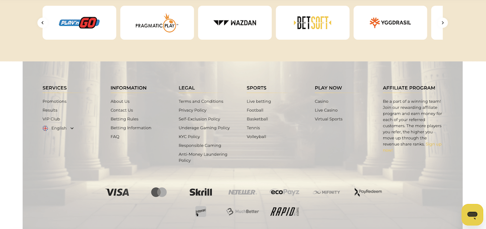 Screenshot of the WinMega website footer showing accepted payment methods (Visa, Skrill, Neteller, ecoPayz, PayRedeem) and top game providers (Play'n GO, Pragmatic Play, Wazdan, Betsoft, Yggdrasil).