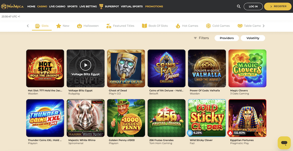 Screenshot of WinMega Casino's slots lobby displaying popular games like Hot Slot, Ghost of Dead, Power of Gods, and Magic Clovers, showing providers like Wazdan and Play'n GO.