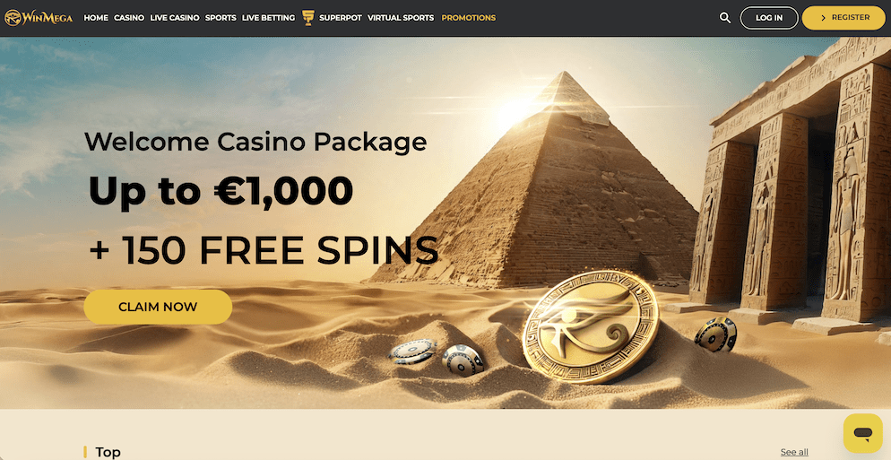 Screenshot of the WinMega Casino homepage banner advertising the Welcome Casino Package of up to €1,000 + 150 FREE SPINS against a desert and pyramid background.