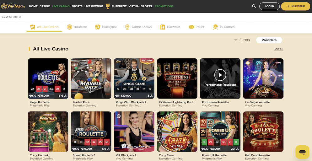 Screenshot of the WinMega Live Casino lobby showing games like Mega Roulette, Marble Race, and Kings Club Blackjack 2 from providers such as Pragmatic Play and Evolution Gaming.