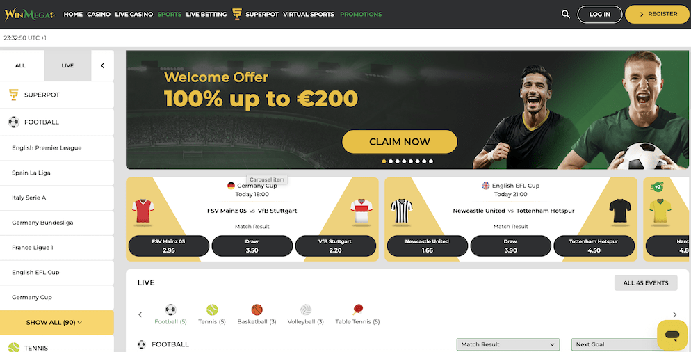 Screenshot of the WinMega Sports betting section showing the 100% up to €200 Welcome Offer and live football matches like FSV Mainz 05 vs VFB Stuttgart and Newcastle United vs Tottenham Hotspur.
