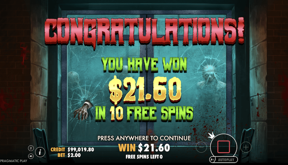 A "Congratulations!" screen from Zombie School Megaways, announcing that the player has won 10 Free Spins, with zombies visible through a broken window.
