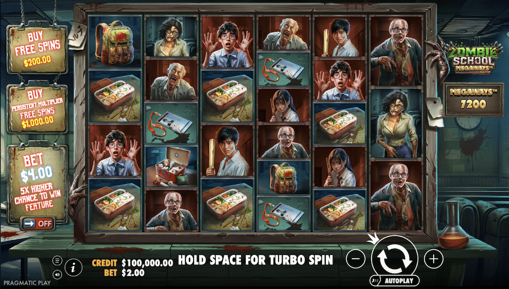 The main game grid of the Zombie School Megaways slot by Pragmatic Play, showing the zombie-themed symbols, the Megaways counter, and the bonus buy options.