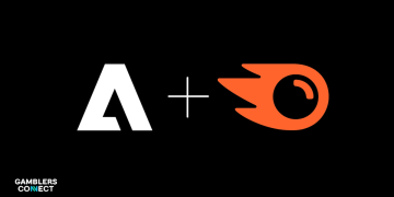 A graphic on a black background featuring the white Adobe "A" logo on the left and the orange Semrush fireball logo on the right, connected by a plus sign to symbolize the acquisition