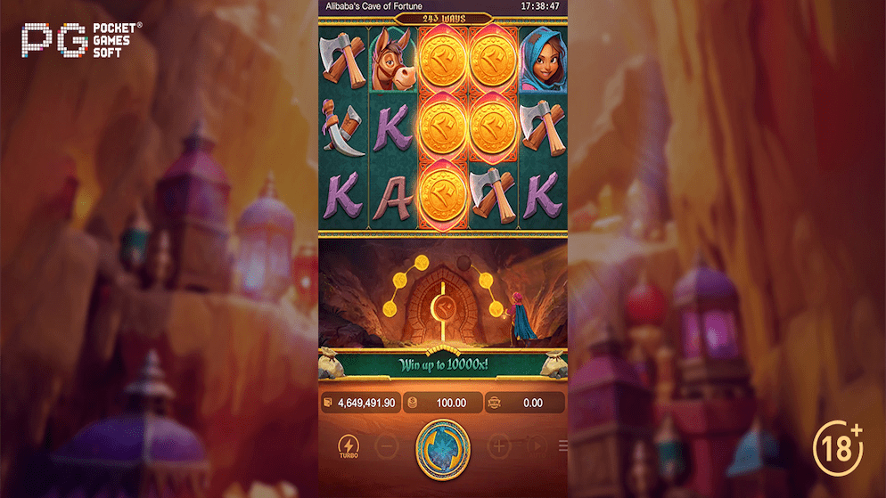A screenshot of the gameplay interface for "Alibaba’s Cave of Fortune," showing the main character, a 5x3 grid with gold coin symbols, and the Mini, Minor, Major, and Grand jackpot displays above the reels.
