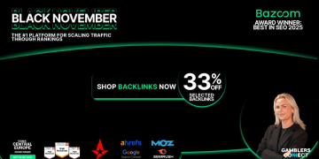 Promotional banner for Bazoom's Black November sale, highlighting "33% OFF SELECTED BACKLINKS" and featuring an image of a professional woman (Gamblers Connect, Best in SEO 2025).