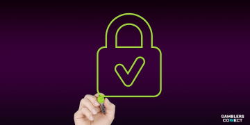 A hand drawing a bright green padlock icon with a prominent checkmark on a dark purple background, symbolizing BetBlocker's effective gambling blocking software and enhanced user protection.