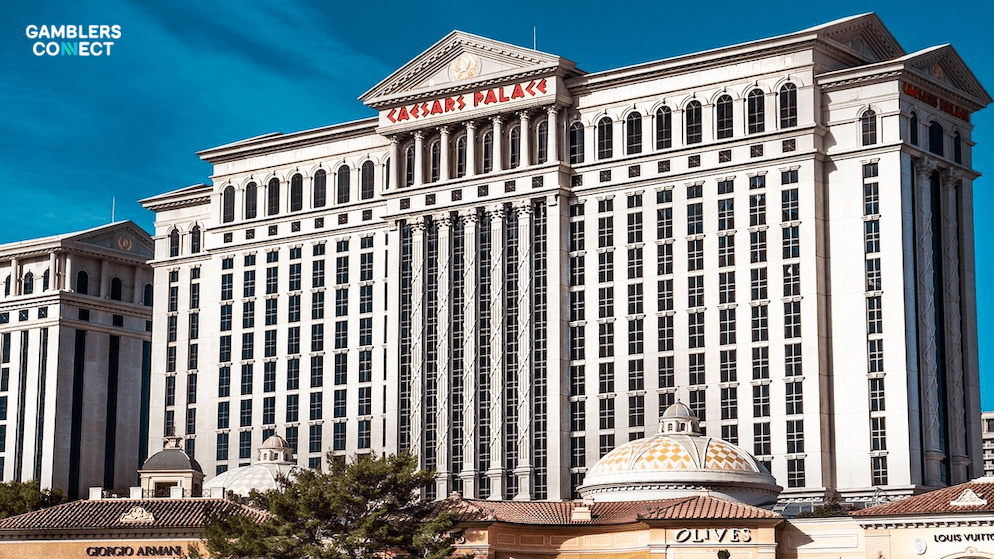 A majestic view of Caesars Palace in daylight, representing the legacy and strength of Caesars Entertainment as it launches its new sportsbook app in Missouri.