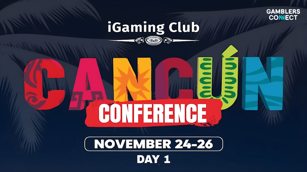 A split visual representing the dual focus of iGaming Club Cancun Day 2: a professional conference setting and a lively evening networking event on the beach.
