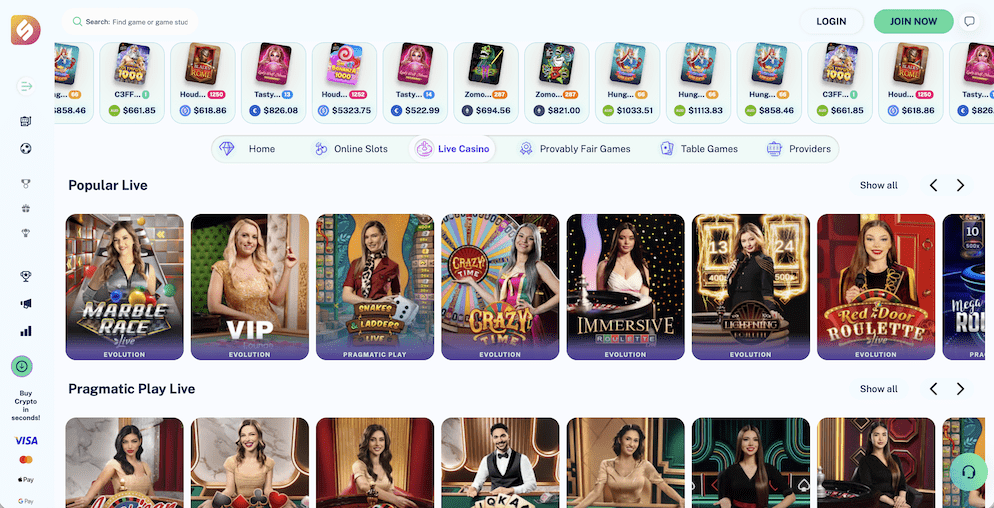 The Live Casino section at Dailyspins, displaying thumbnails for various live dealer games. Tables for "Lightning Roulette," "Crazy Time," "Blackjack," and "Baccarat" are visible, showing real-time dealer feeds.