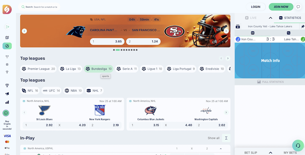 The Sportsbook interface at Dailyspins, showing a list of available sports on the left sidebar (Football, Basketball, Tennis, etc.). The main screen displays live and upcoming matches with betting odds for various markets.