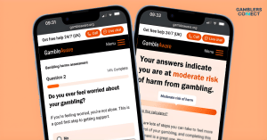 Two mobile phones displaying the GambleAware website's gambling harm assessment, showing a question and a "moderate risk of harm" result, highlighting digital support.