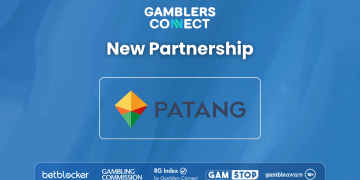 A graphic banner displaying "GAMBLERS CONNECT New Partnership" above the Patang Casino logo (a colorful kite icon and text) on a blue background, with responsible gambling logos below.