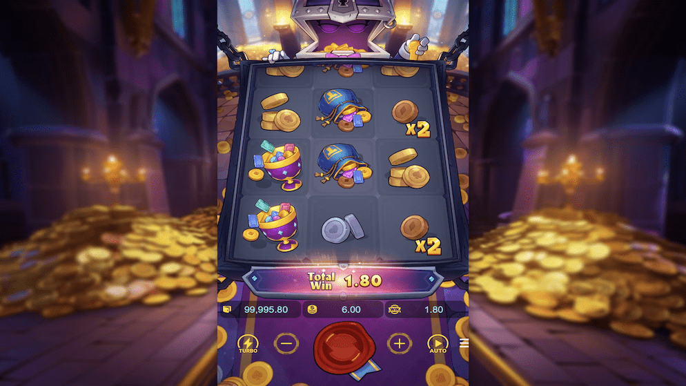 A portrait screenshot of the 3-reel, 3-row gameplay grid in Mr. Treasure's Fortune, showing card suit symbols and treasure maps, with the betting UI at the bottom.