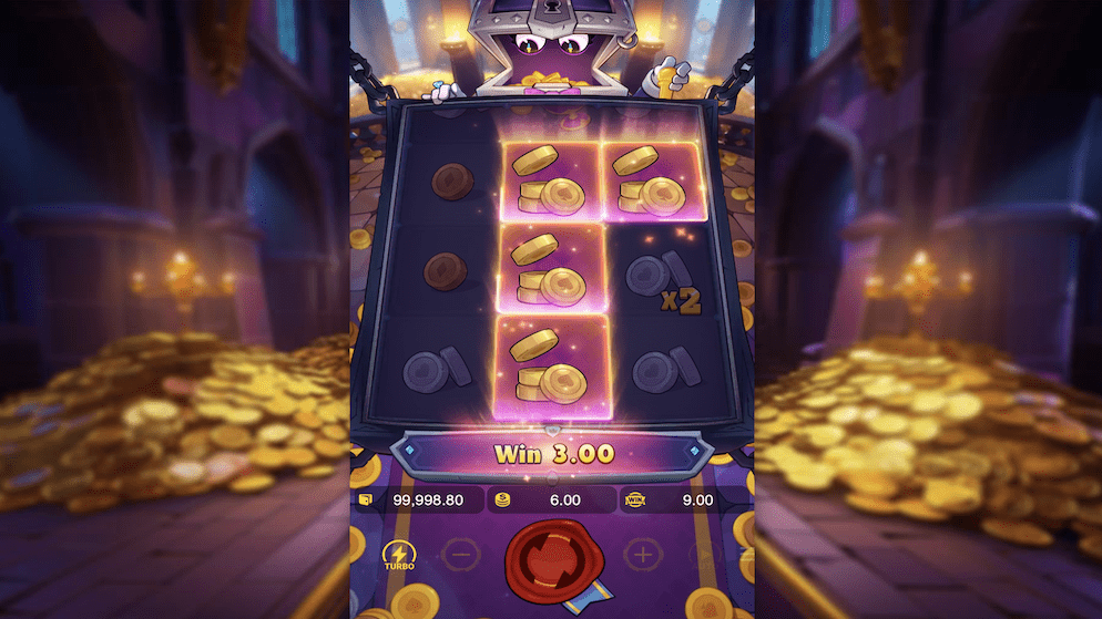 In-game screenshot showing special golden coin symbols on the reels displaying "x2" and "x5" multiplier values next to standard symbols.