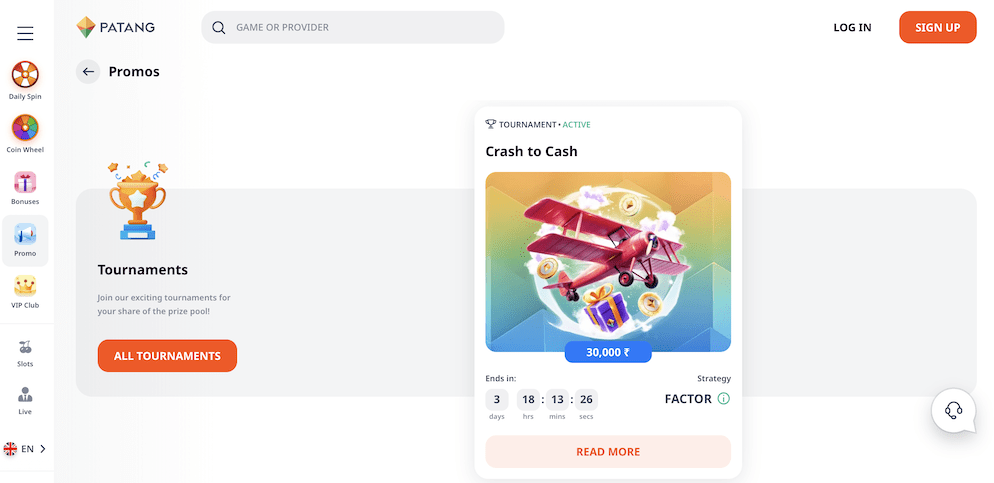The "Tournaments" section on Patang Casino featuring the "Crash to Cash" event with a red airplane graphic and a 30,000 ₹ prize pool.