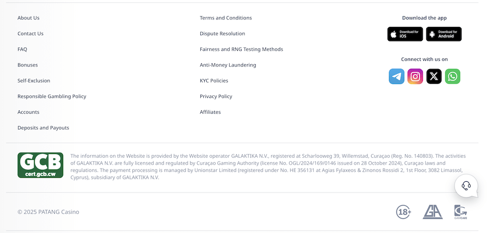 The footer section of the Patang Casino website displaying the Curaçao Gaming Control Board (GCB) license seal and links to responsible gambling policies.